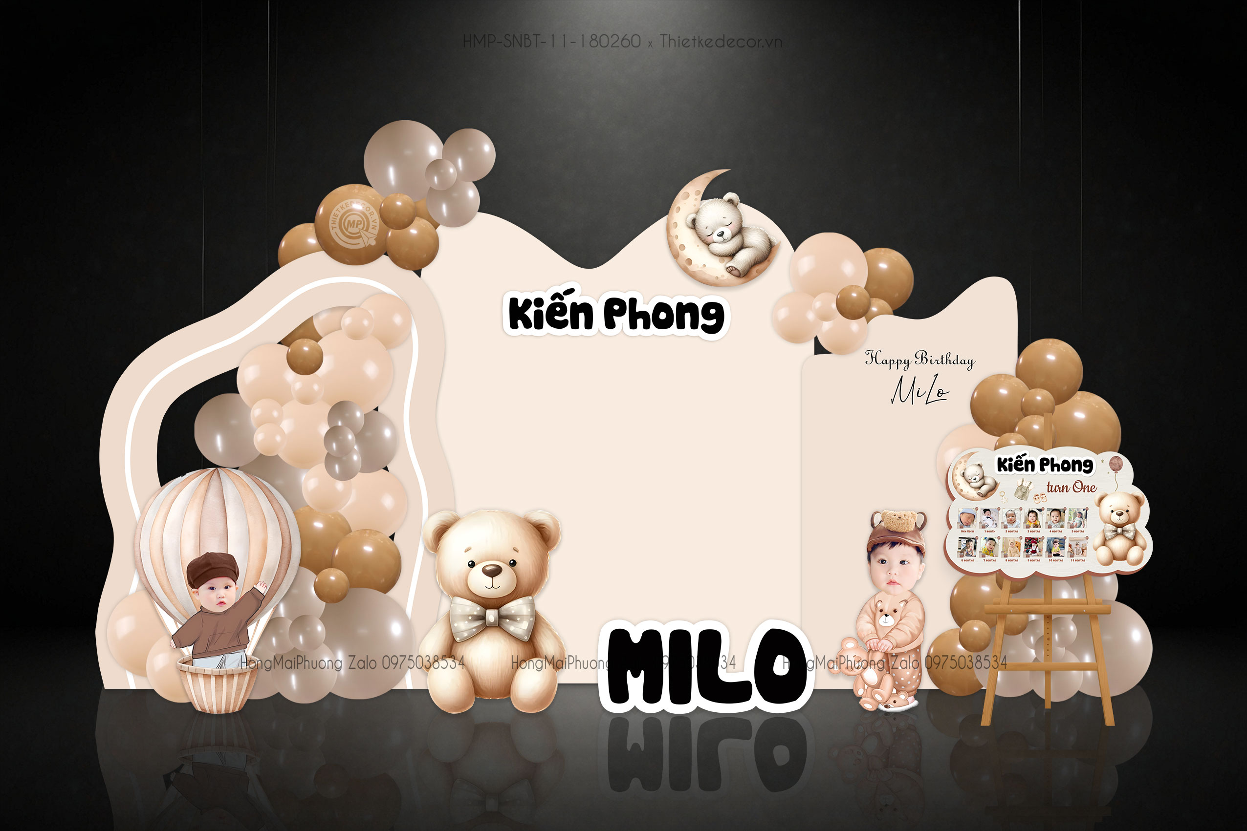 Sinh nhật bé trai tone nâu tây chủ đề gấu nâu kèm bảng 12 tháng